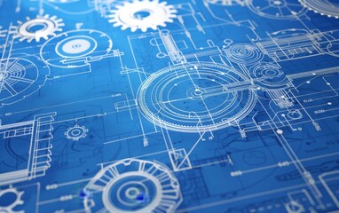 Complex blueprint of mechanical gears and structures on blue background.