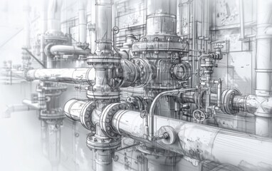 Complex network of industrial pipes and valves in a monochrome sketch.