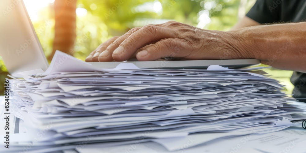 Aufkleber close-up of hands managing documents and typing on a laptop, representing productivity, organization