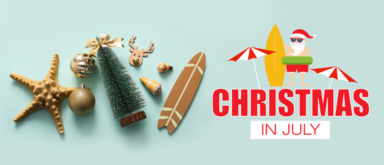 Banner with text CHRISTMAS IN JULY, starfish, toy surfboard and decorations