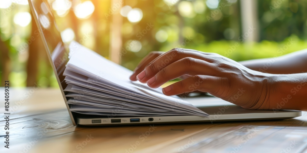 Poster close-up of hands managing documents and typing on a laptop, representing productivity, organization