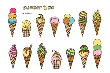 Big colorful set of ice cream in a waffle cone and waffle cup in doodle style. Great for summer dessert menu design. Hand drawn