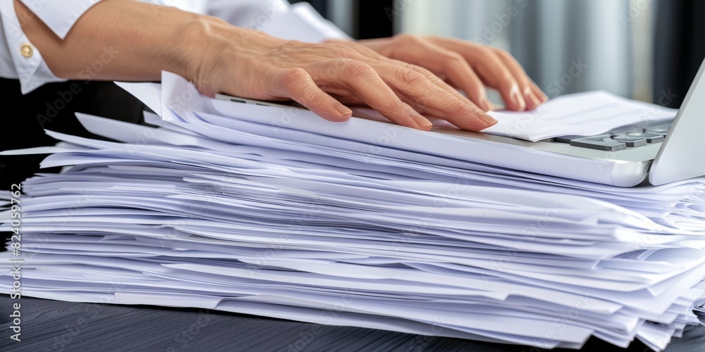 Poster close-up of hands managing documents and typing on a laptop, representing productivity, organization