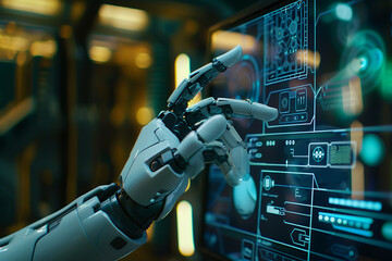 Fototapeta premium A robot hand presses with the index finger on the holographic screen choosing options in a futuristic interface.