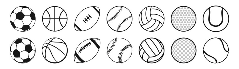 Sports balls minimal flat icon set. Baseball, American Football, Soccer, Volleyball, Golf, Basketball, Tennis. Trendy logo designs