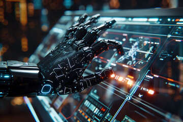 A robot hand presses with the index finger on the holographic screen choosing options in a futuristic interface.