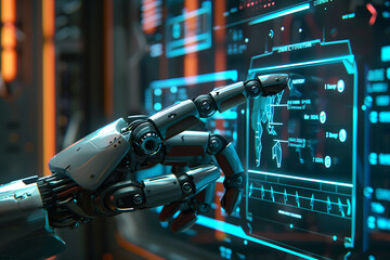 Fototapeta premium A robot hand presses with the index finger on the holographic screen choosing options in a futuristic interface.