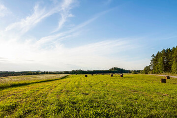 Beautiful landscape with a mown field on a summer day in Latvia.