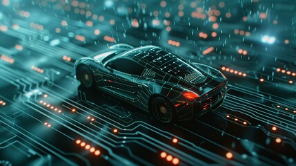 hologram of 3d model of electric car on circuit board, futuristic transportation concept, electronics in auto industry, holographic modern design