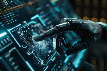 Fototapeta premium A robot hand presses with the index finger on the holographic screen choosing options in a futuristic interface.