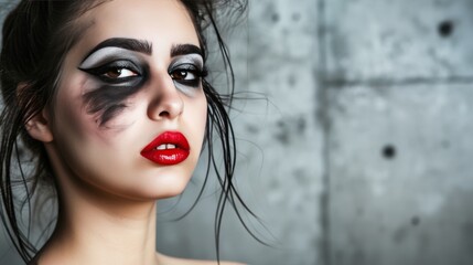 A striking portrait of a woman with bold, dark eye makeup and glossy red lips, presenting a modern gothic look against a textured backdrop.