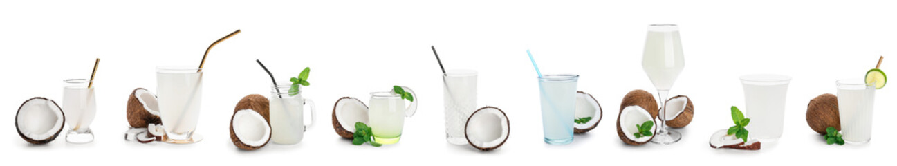 Set of glassware with fresh coconut water on white background