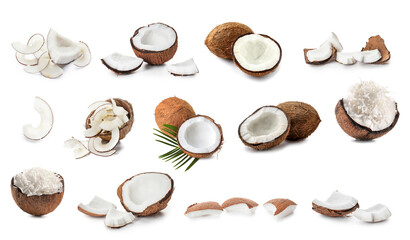 Set of tasty coconuts on white background