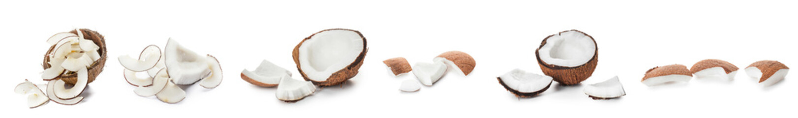 Set of tasty coconuts on white background