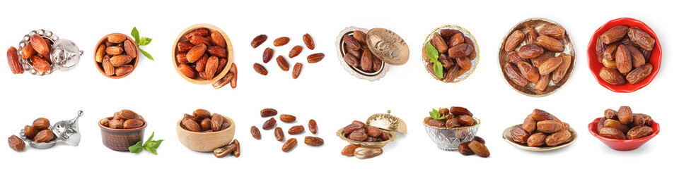 Set of dried dates on white background