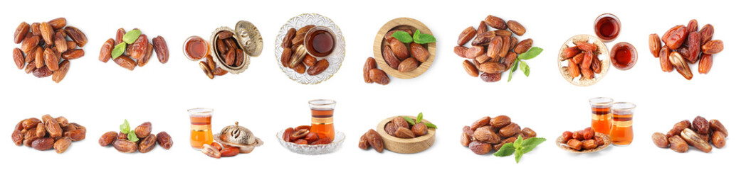 Set of dried dates and Turkish tea on white background