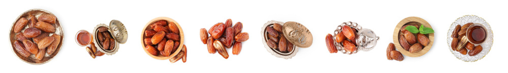 Set of dried dates on white background, top view