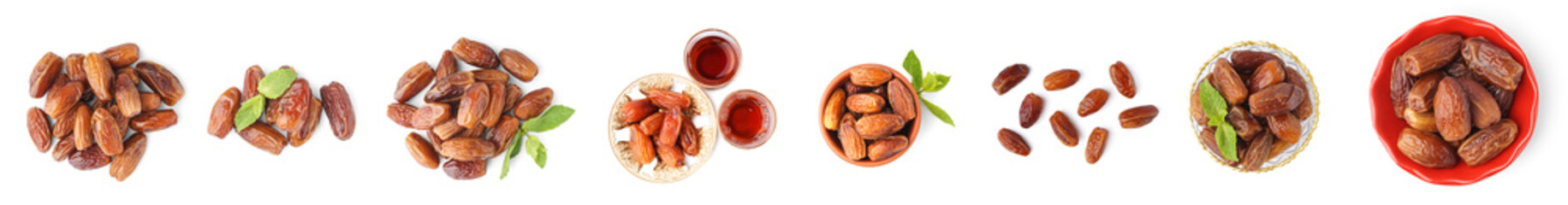 Set of dried dates on white background, top view