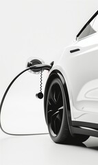 Naklejka premium futuristic luxury car charging at power supply station, shiny luxury EV electric vehicle charge by cable, in style of high key, studio shot isolated on white