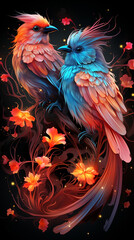 Obraz premium Two Birds Perched Among Flowers on Black Background