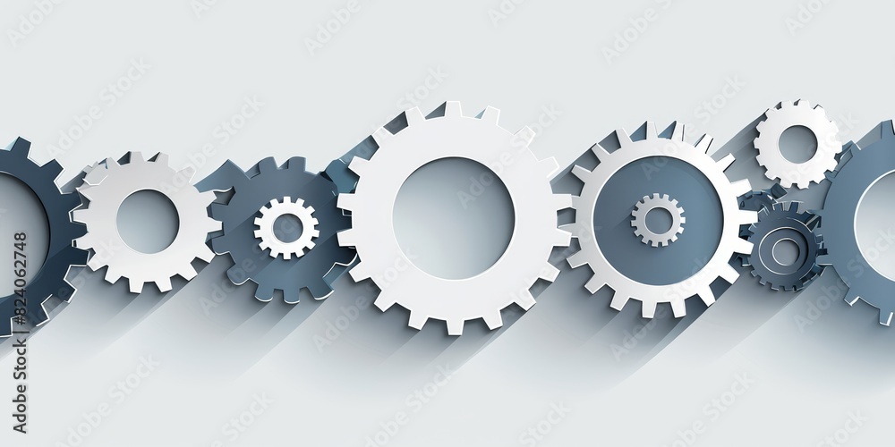 Poster a dynamic display of blue mechanical gears and cogwheels, symbolizing precision, teamwork, and effic