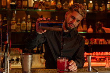 Young elegant barman working behind a bar counter mixing drinks