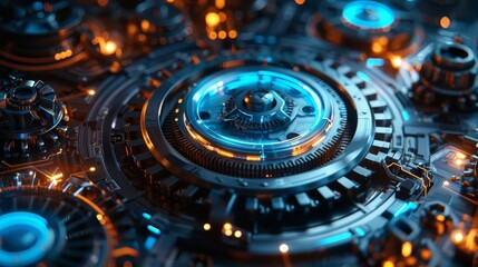Mechanical gears in motion, illuminated by a holographic blue glow