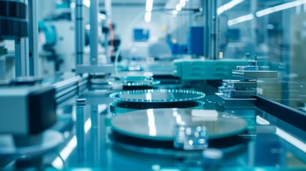 Photograph of a wafer also called a slice or substrate. Thin slice of semiconductor in a high tech factory lab environment