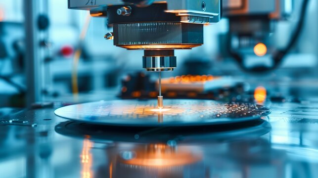 Photograph of a wafer also called a slice or substrate. Thin slice of semiconductor in a high tech factory lab environment