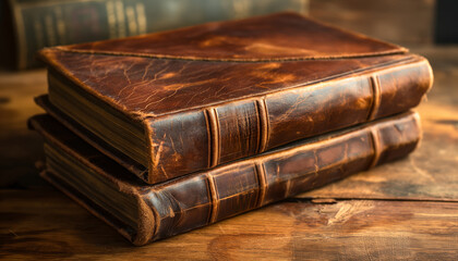 Stack of three aged leather books on wood