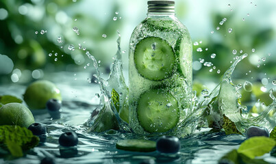 Glass Bottle Filled With Cucumbers and Berries.