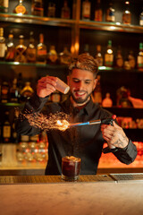 Young elegant barman working behind a bar counter mixing drinks