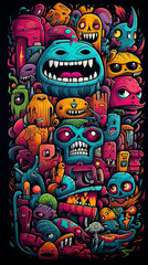 Obraz premium Colorful Monsters Print Black T-Shirt