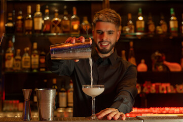 Young elegant barman working behind a bar counter mixing drinks