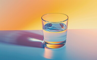 Glass of water on the table against a gradient background of light blue and orange in the minimalist style.