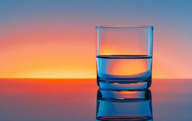 Glass of water on the table against a gradient background of light blue and orange in the minimalist style.