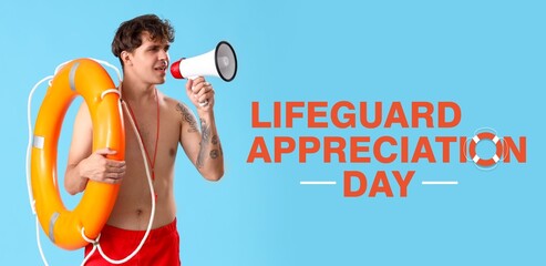 Banner for Lifeguard Appreciation Day with young man holding lifebuoy and megaphone