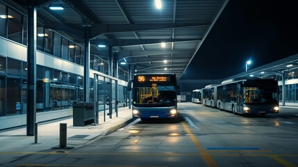 modern city bus terminal, many buses at station, public transport depot and parking, EV electric vehicle transportation