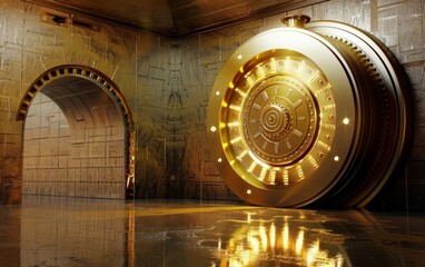 Gleaming gold bank vault door in a secure, dimly lit room.