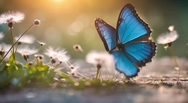 Morpho butterfly and dandelion. Dandelion flower seeds