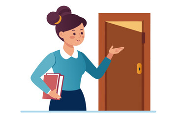 A typical teacher with her hair in a bun points at the wooden door