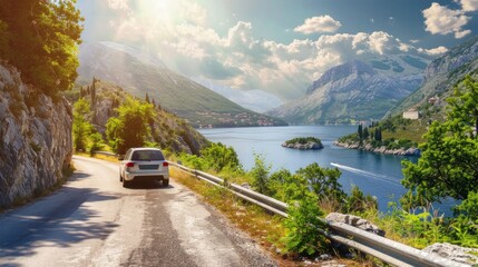 A scenic view of a car driving along a picturesque European road in the summer