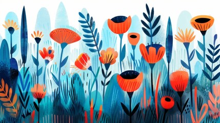 Vibrant floral meadow illustration with abstract poppies and textured foliage