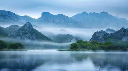 Lake view with misty mountains
