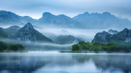 Fototapeta premium Lake view with misty mountains