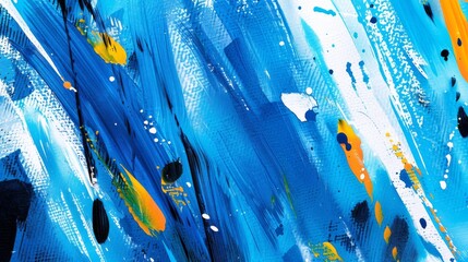 Vibrant blue abstract art with dynamic yellow and black strokes
