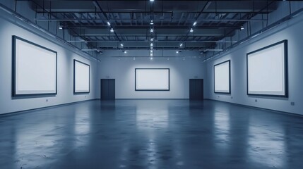 Obraz premium Modern empty art gallery interior, minimalist exhibition hall with framed wall displays, blue-gray polished floor, copy space