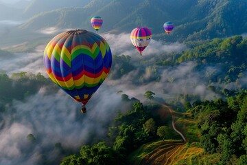 Fototapeta premium : Multicolored hot air balloons floating gently above the tranquil, mist-shrouded mountains of Doi Inthanon, with the rich green forests and winding trails visible below