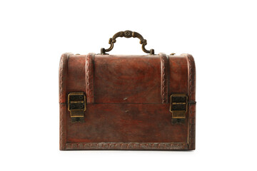 Old chest with treasures isolated on white background