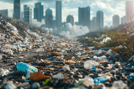 Urban landscape marred by sprawling waste and pollution. Generative AI image